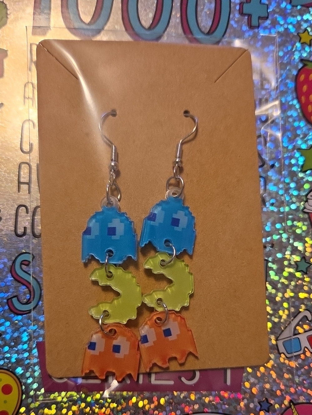 Retro Pixel Ghost Dangle Earrings in Blue, Lime & Orange